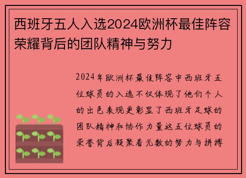 西班牙五人入选2024欧洲杯最佳阵容荣耀背后的团队精神与努力 西班牙五人入选2024欧洲杯最佳阵容荣耀背后的团队精神与努力